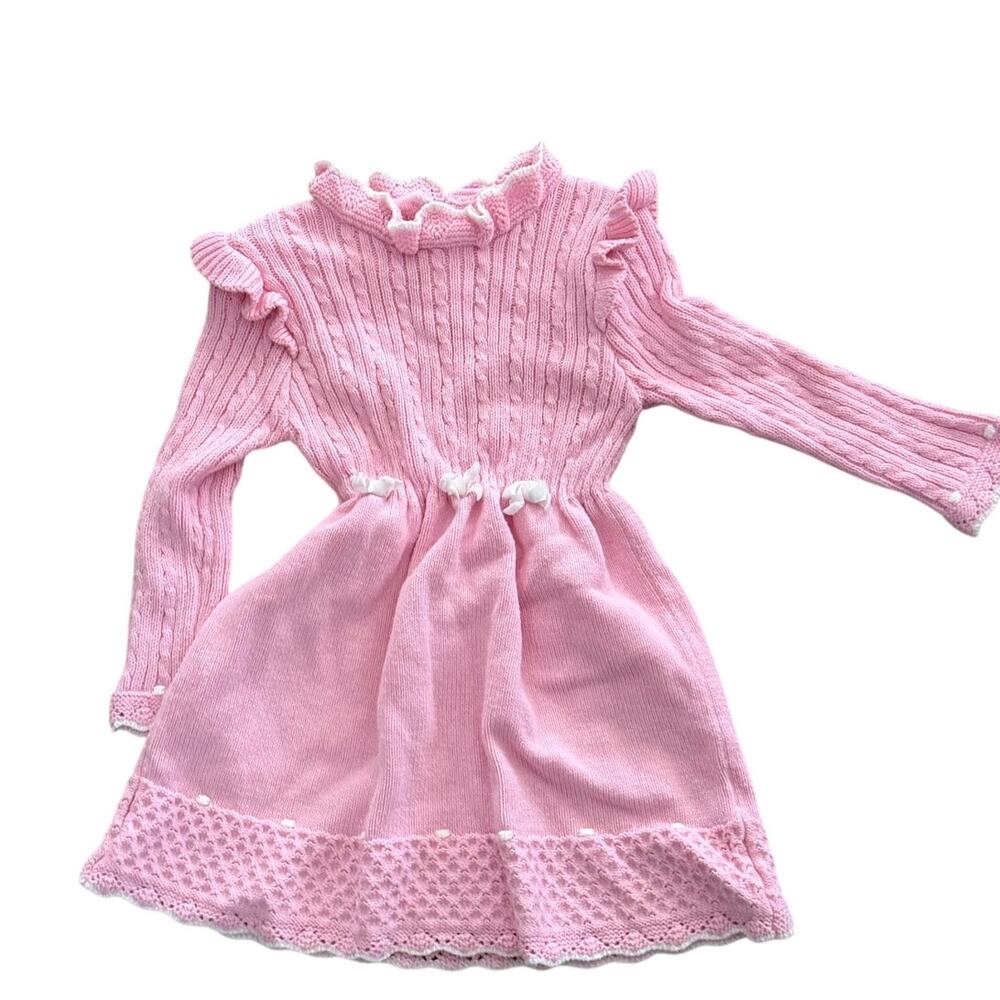 Vintage Blue Berry Sweater knit Dress Ruffle Ribbed Bow  Pink Size 4T